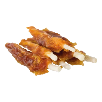 A stack of chewy pet treats featuring strips of meat wrapped around white rawhide sticks, set against a white background.