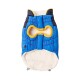 Eine blaue und marinefarbene Hundejacke mit einem flauschigen weißen Futter, die ein einzigartiges Design mit einem ovalen Ausschnitt und gelben Akzenten aufweist.