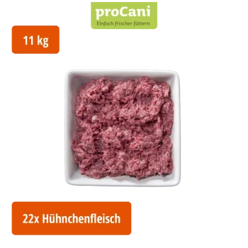 Verpackung des proCani "Geflügel komplett" Haustierfutters, das pinkes Fleisch und ein Etikett mit Nährwertangaben vor einer Naturkulisse zeigt.
