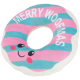 Jouet pour chien en peluche en forme de donut avec rayures roses et bleu-vert, visage souriant et texte 'MERRY WOOFMAS'.