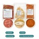Rohe Tiernahrungssortiment mit 7 Packungen Fleisch, 1 Packung Fisch, 3 Knochen und 12 Portionen Obst und Gemüse.