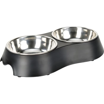 Melamin-Doppelnapf 2 x 200 ml schwarz/ silber Doppeltes Edelstahl-Hundefutter- und Wassernapfset in einer eleganten schwarzen Kunststoffbasis.