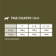 Tabelle mit Fütterungshinweisen für "True Country" Hundefutter, die Mengen für verschiedene Hunderassen und -alter detailliert.