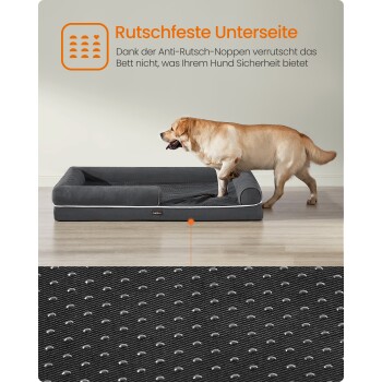 Goldener Labrador auf grauem Hundebett mit Rand; Nahaufnahme der rutschfesten Noppen. Sichtbarer Text: 'Rutschfeste Unterseite'.