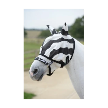 Ein weißes Pferd, das eine schwarz-weiß gestreifte Fliegenmaske mit Ohrenschutz trägt, vor einem verschwommenen Außenhintergrund.