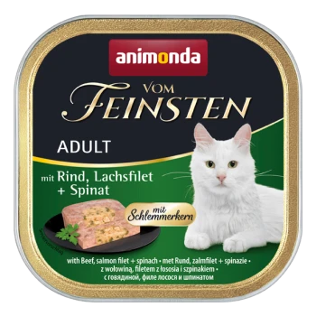 Weiße Katze neben einem Napf mit Katzenfutter, beschriftet 'animonda vom Feinsten Adult' mit Rind, Lachsfilet und Spinat-Zutaten.