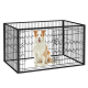 Eine schwarze Metallhundebox mit einem sitzenden Hund darin, die ein Doppeltürdesign und eine herausnehmbare Schublade für eine einfache Reinigung bietet.