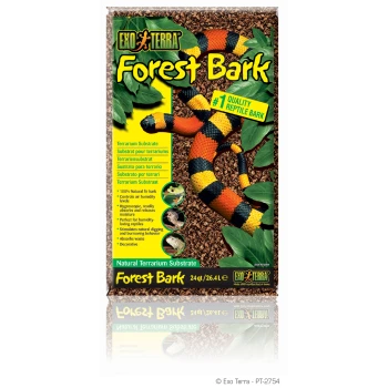 Exo Terra Forest Bark Substratverpackung zeigt eine bunte Schlange und hebt Vorteile hervor: 100% natürlich, Feuchtigkeitskontrolle, Abfallaufnahme.