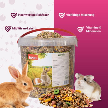 PANTO-Eimer mit Kleintierfutter mit Kaninchen und Hamster, Haufen Saatmischung; Hintergrundtext enthält 'Vielfältige Mischung'