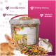 PANTO-Eimer mit Kleintierfutter mit Kaninchen und Hamster, Haufen Saatmischung; Hintergrundtext enthält 'Vielfältige Mischung'