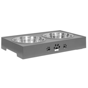 Grauer doppelter Futter- und Wassernapfständer für Haustiere mit zwei Edelstahlnäpfen und Pfotenabdruck-Ausschnitten auf der Vorderseite.