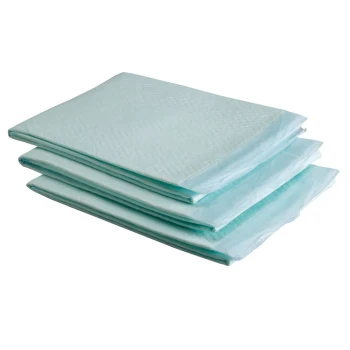 Stapel von drei hellblauen Haustier-Trainingspads, die für den Innenbereich konzipiert sind, mit einer strukturierten Oberfläche zur Absorption.