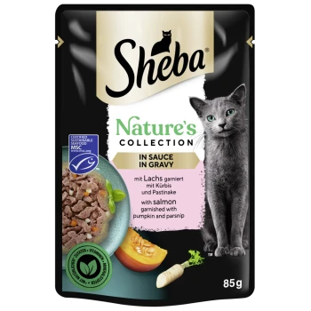 Sheba Nature's Collection Katzenfutterbeutel mit einer grauen Katze, mit einer Schüssel Lachs in Soße, garniert mit Kürbis und Pastinake.