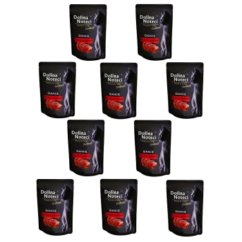 Siatka dziesięciu torebek premium karmy dla kotów Dolina Noteci, oznaczona "Danie z Wołowiny", z sylwetką kota.