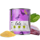 Dosen-Hundefutter mit der Bezeichnung 'Ente' mit Zutaten wie Ente, Hirse und Spinat, mit einem lila Design und Symbolen für Qualitätssicherung.