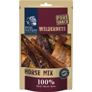 A package of Real Nature Wilderness Horse Mix dog treats, featuring a variety of dried horse meat pieces, labeled "100% Pferd Cheval Horse."
