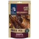 Ein Paket von Real Nature Wilderness Horse Mix Hundeleckerlis, mit einer Vielzahl von getrockneten Pferdefleischstücken, beschriftet mit "100% Pferd Cheval Horse."