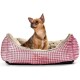 Ein gemütliches Hundebett mit einem rosa-weißen Karomuster, mit einem weichen, flauschigen Innenraum und dem Markennamen "HUNTER" auf der Seite gestickt.