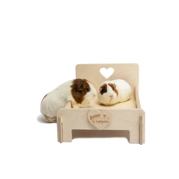 Schlummerkiste Zwei Meerschweinchen sitzen auf einem Holzhaustierbett mit einem Herz-Ausschnitt, mit dem Text 'bunny by puppijames' an der Seite.