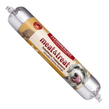 Wurstförmige, in Scheiben schneidbare 'meat&treat'-Trainingsleckerliverpackung (Fleischeslust) mit einem leckenden Hund und sichtbarem Produkttext