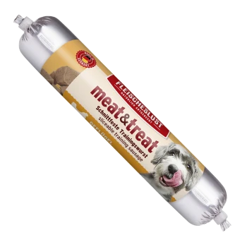 Wurstförmige, in Scheiben schneidbare 'meat&treat'-Trainingsleckerliverpackung (Fleischeslust) mit einem leckenden Hund und sichtbarem Produkttext