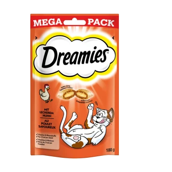 Opakowanie przysmaków dla kotów Dreamies z zabawnym kotem, ilustracją kurczaka i tekstem podkreślającym 'Mega Pack' oraz 'z pysznym kurczakiem.'