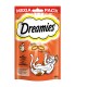 Dreamies Katzenleckerlis Verpackung mit einer verspielten Katze, einer Hähnchenillustration und Text, der 'Mega Pack' und 'mit leckerem Hähnchen' hervorhebt.