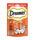 Dreamies Katzenleckerlis Verpackung mit einer verspielten Katze, einer Hähnchenillustration und Text, der 'Mega Pack' und 'mit leckerem Hähnchen' hervorhebt.