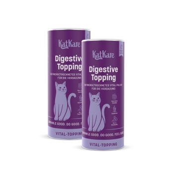 Zwei lila KatKare 'Digestive Topping'-Dosen mit Katzenillustration, deutschem Untertitel und 'Vital-Topping'-Etikett.