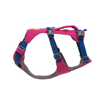 Rosa und graues verstellbares Haustiergeschirr mit blauen Riemen und Schnallen, mit einem Griff oben für einfache Kontrolle.