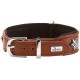 Braunes Lederhalsband mit silberner Schnalle, Blumen-Nieten und metallener Markenplakette mit der Aufschrift 'HUNTER'.