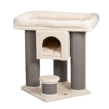 Kratzbaum Calgary beige Katzenbaum mit einer plüschigen oberen Plattform, einem gemütlichen Versteck mit einem weichen Bett und zwei Kratzpfosten in einem beige-grauen Farbschema.