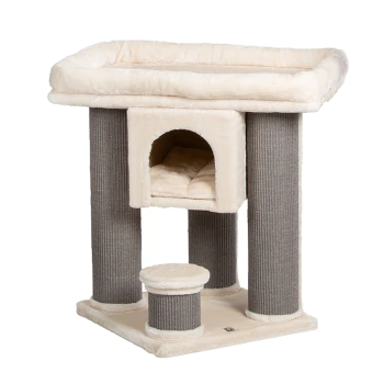 Katzenbaum mit einer plüschigen oberen Plattform, einem gemütlichen Versteck mit einem weichen Bett und zwei Kratzpfosten in einem beige-grauen Farbschema.