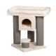 Katzenbaum mit einer plüschigen oberen Plattform, einem gemütlichen Versteck mit einem weichen Bett und zwei Kratzpfosten in einem beige-grauen Farbschema.