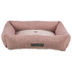 Ein gemütliches Haustierbett mit einem pinkfarbenen strukturierten Stoff und einem runden Kissen mit einem Herzdesign in der Mitte, beschriftet mit "homeEdition."