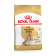 Royal Canin Adult Yorkshire Terrier Hundefutterbeutel für Hunde über 8, mit goldenem Hintergrund und einem Bild eines Yorkshire Terriers.
