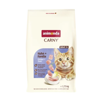 Animonda CARNY Katzenfuttertüte, Huhn + Forelle (Chicken + Trout), Erwachsene 1+, orangegetigerte Katze, Fleischstücke in einer Schüssel, 1,75 kg.