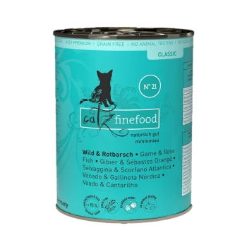 Catz finefood blikvoer voor katten, smaak nr. 21, met wild en vis, graanvrij, met een turquoise label en een silhouet van een kat.