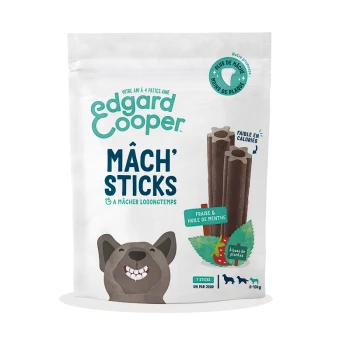Bâtonnets Mâch' Edgard Cooper pour chiens, avec un chien souriant et un texte sur les faibles calories, les ingrédients de fraise et d'huile de menthe.