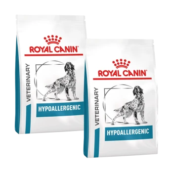 Worki z karmą dla psów Royal Canin Veterinary Hypoallergenic, z ilustracją psa i tekstem podkreślającym "HYPOALERGICZNY" i "WETERYNARYJNY".