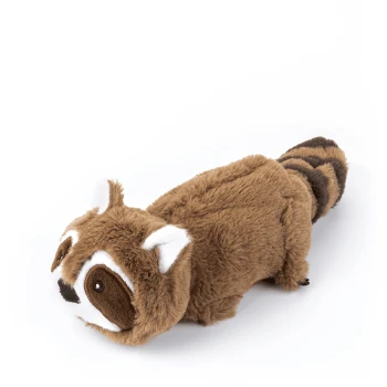 Plüsch Waschbärspielzeug mit braunem Fell, weißen Ohren und schwarzen Gesichtsmarkierungen, auf einem weißen Hintergrund liegend.