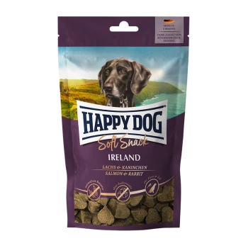 Sac de friandises pour chiens Happy Dog Soft Snack avec un chien brun sur le devant, étiqueté "IRELAND" avec une saveur de saumon et de lapin.