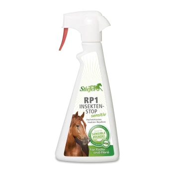 Eine Sprühflasche mit der Bezeichnung 'Stiefel RP1 Insekten-Stop sensitiv', die ein Pferdebild zeigt, entworfen als Insektenschutzmittel für empfindliche Pferde.