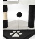 Basis des Katzenbaums mit einem schwarz-weißen Design, mit einem Feder-Spielzeug und einem Pfotenabdruck-Motiv auf der Plattform.