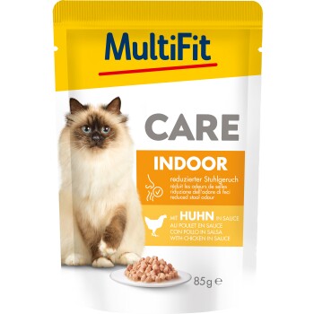 MultiFit Care Indoor Katzenfutterbeutel mit einer Siamkatze und Huhn in Sauce, 85g, reduziert Stuhlgeruch.