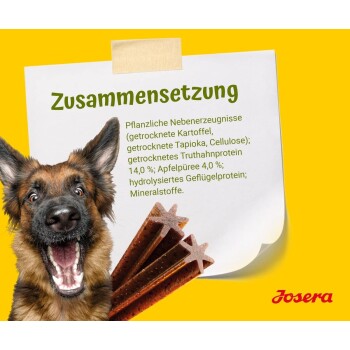 Ein glücklicher Deutscher Schäferhund vor einem gelben Hintergrund, mit einer Notiz zu den Zutaten und der Marke "Josera" in der Ecke.