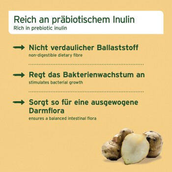 Gelbe Info-Karte mit der Aufschrift 'Reich an präbiotischem Inulin / Rich in prebiotic inulin', drei Aufzählungspunkten mit Vorteilen und Wurzelknollen.