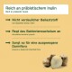 Gelbe Info-Karte mit der Aufschrift 'Reich an präbiotischem Inulin / Rich in prebiotic inulin', drei Aufzählungspunkten mit Vorteilen und Wurzelknollen.