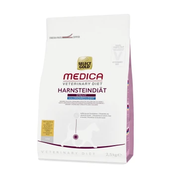 Medica Régime pour calculs urinaires réduit la teneur en calories Mini avec du poulet 2,5 kg Select Gold Medica Veterinary Diet Harnsteindiät Struvit, sac de 2,5 kg, conçu pour la gestion des calculs urinaires, formule faible en calories.