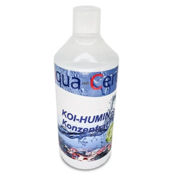 Flasche Aqua-Cera Koi-Humin Konzentrat, mit einem wasserbezogenen Design und Text in deutscher Sprache, geeignet für die Pflege von Koi-Teichen.